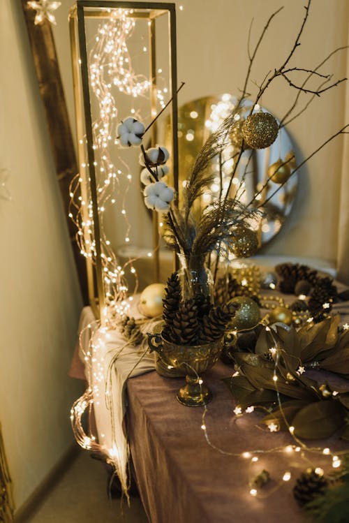 Free Christmas Decorations Arranged on a Table Stock Photo