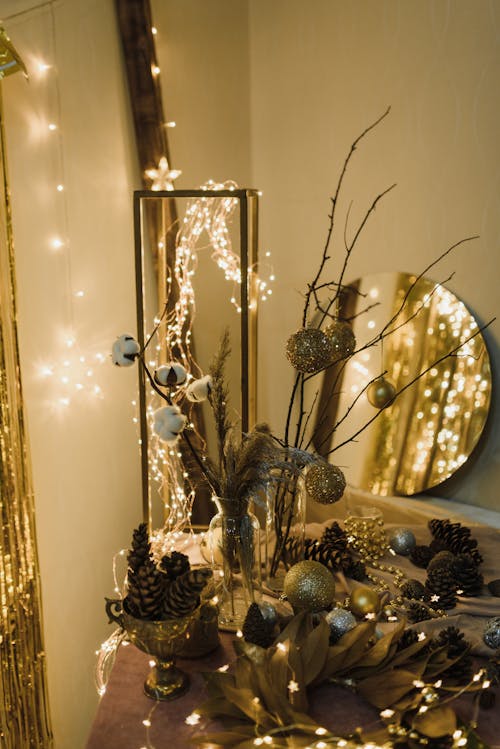 Gold and and Brown Christmas Decors on Table 