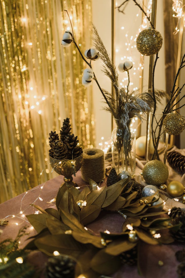 Christmas Decorations On Table In Lights