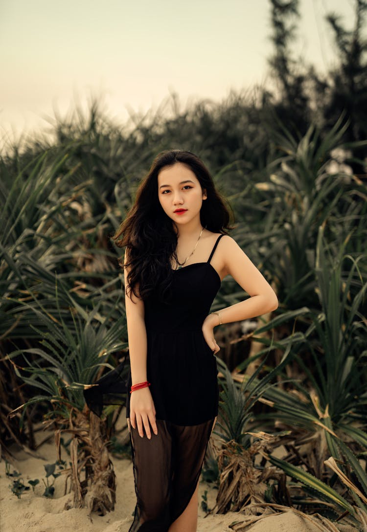 Ethnic Woman In Sandy Field Near Tall Grass And Plants