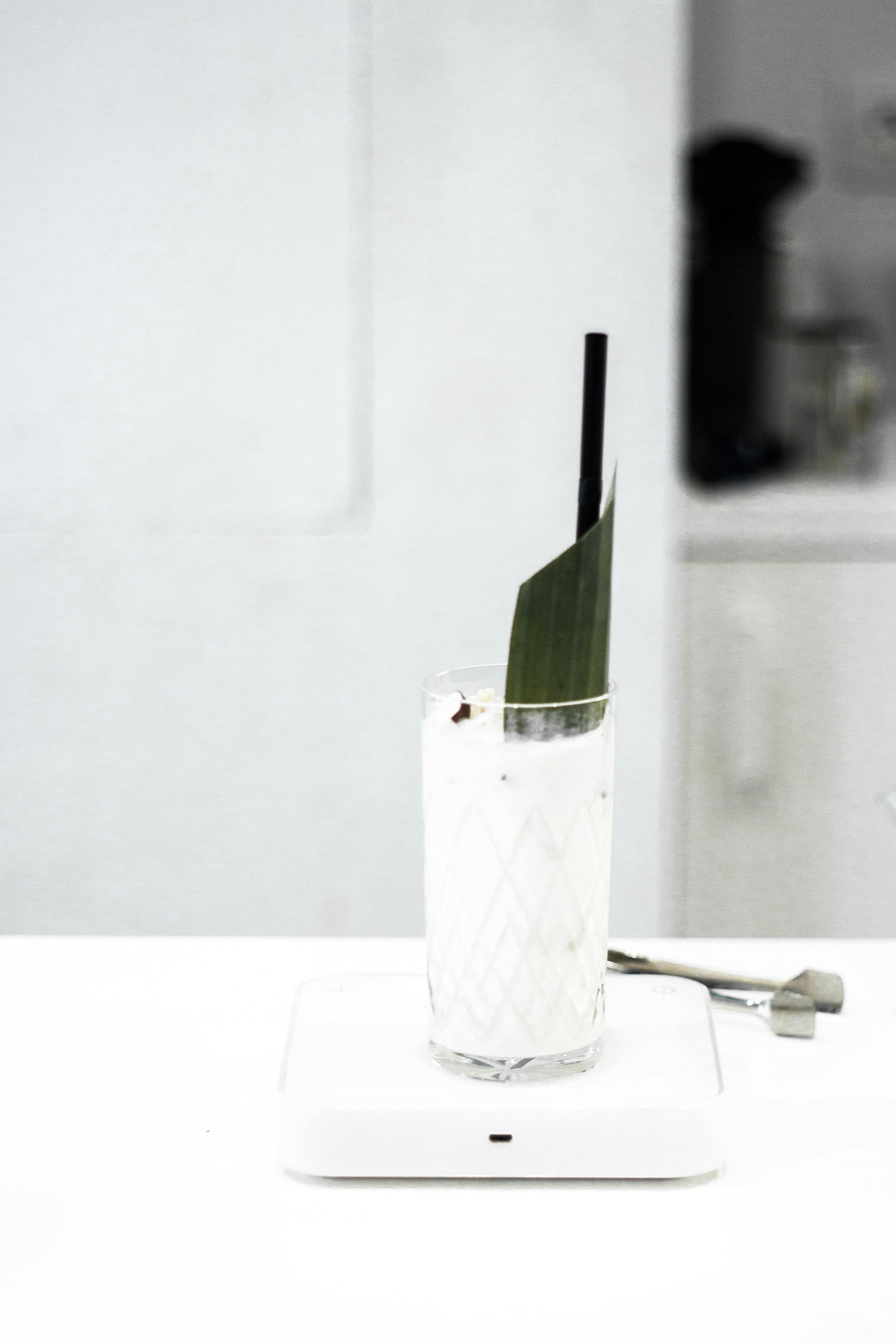 A refreshing cold drink with a leaf garnish in a tall glass, perfect for a summer day.