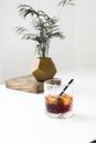Glass of cocktail served on table near lush potted plant