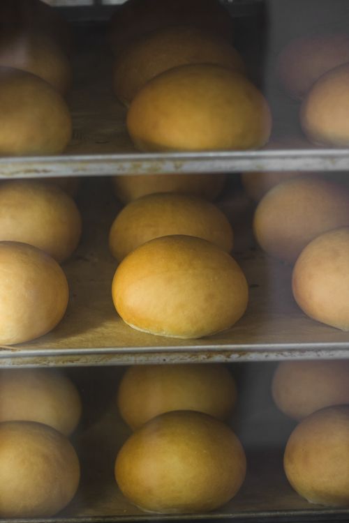 Free A close-up of golden brown buns baking on trays inside an oven, showcasing their texture and color. Stock Photo