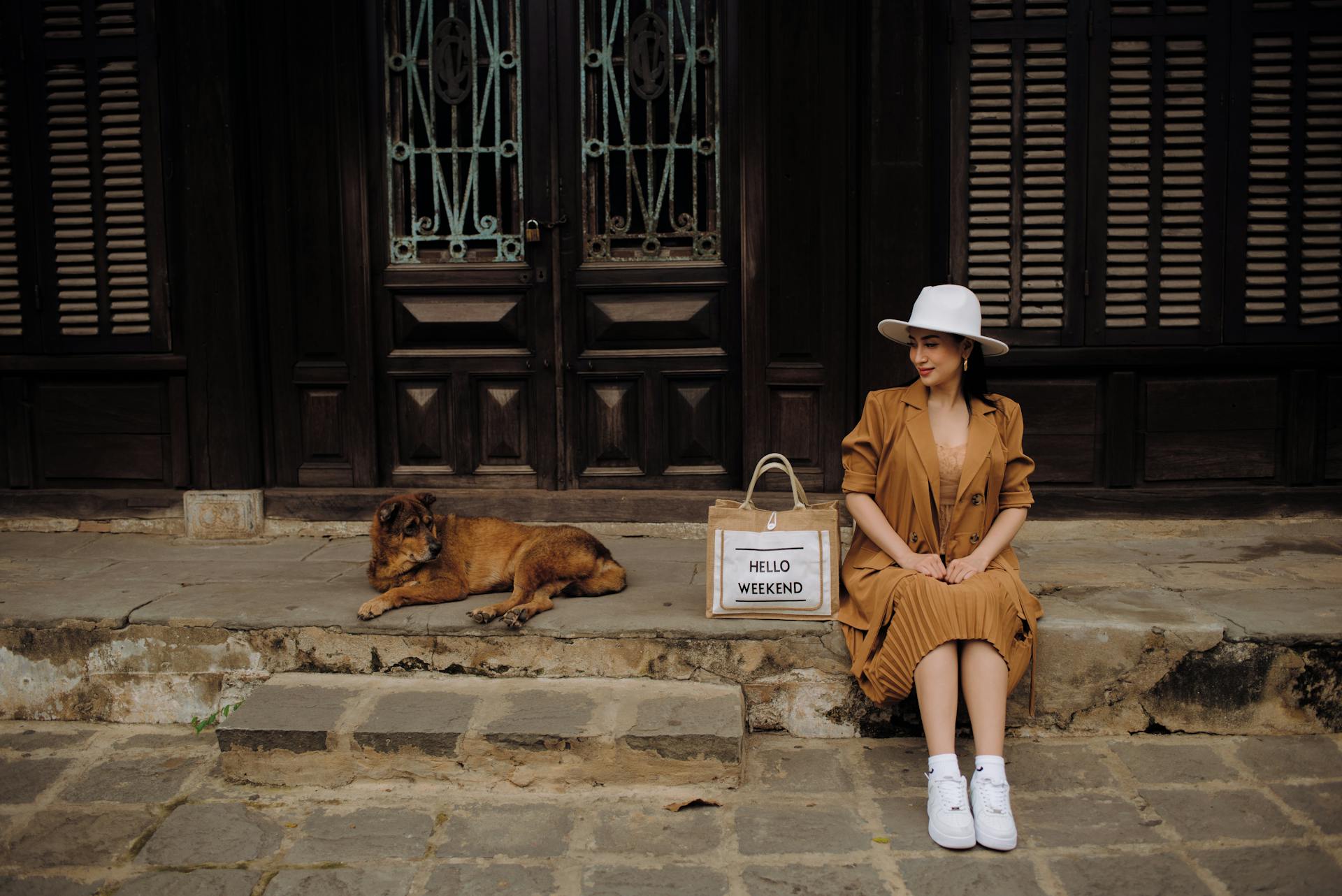 Young content ethnic female tourist in stylish apparel looking away near street dog while sitting on pavement in town