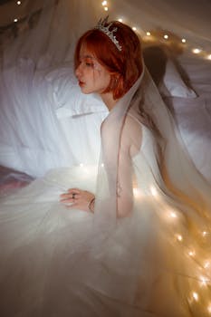 Side view of young tender ethnic female in bridal dress with makeup sitting against shiny garland while looking down