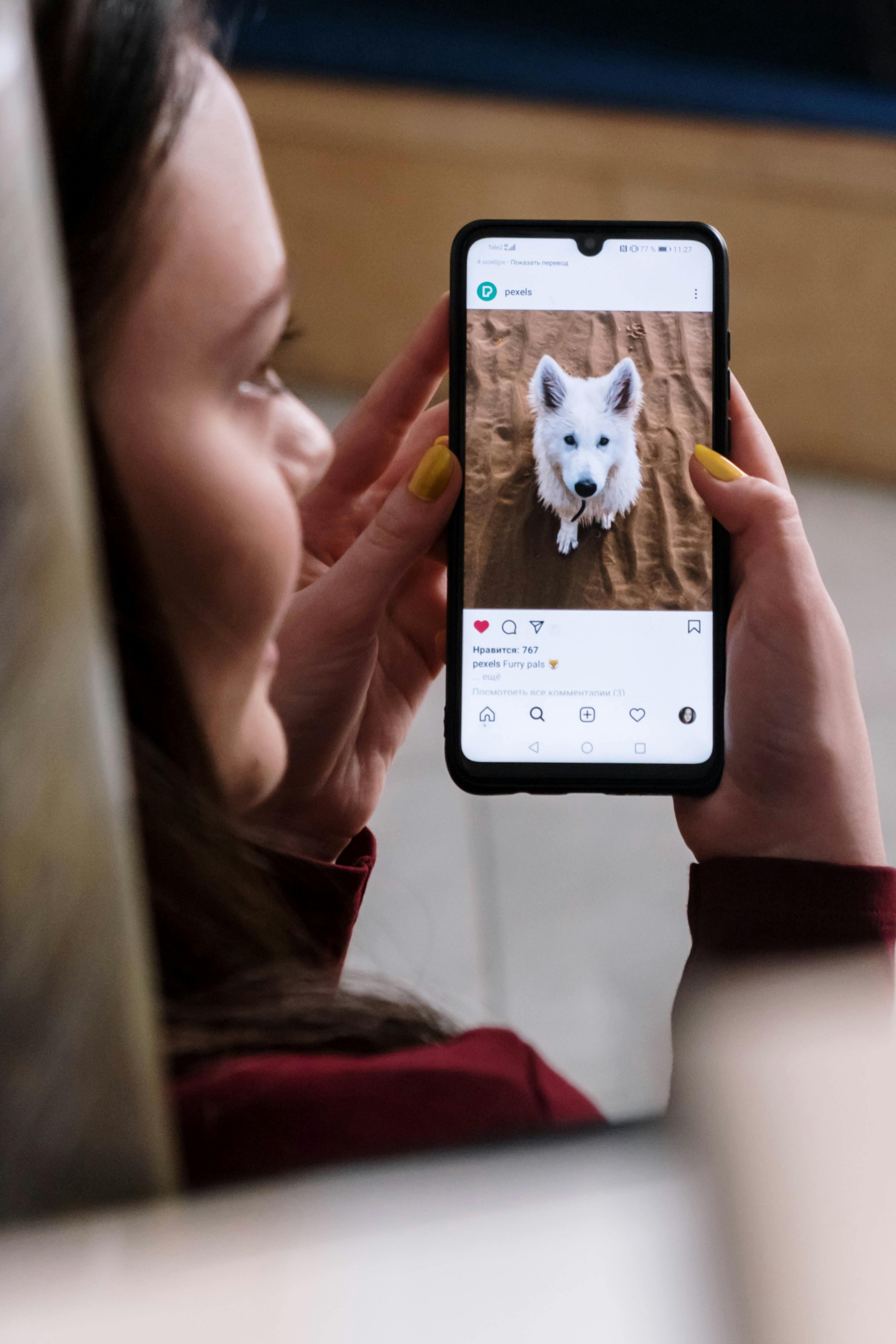 close up shot of a woman looking at a picture of a dog