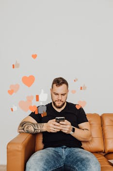 Man sitting on a sofa using a smartphone surrounded by social media like and heart icons.
