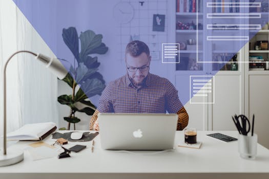 Man working from home on a laptop with digital overlays in a modern office setting.
