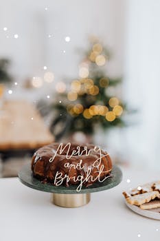 Delicious chocolate cake on stand with festive bokeh and text 'Merry and Bright'. Perfect holiday dessert.