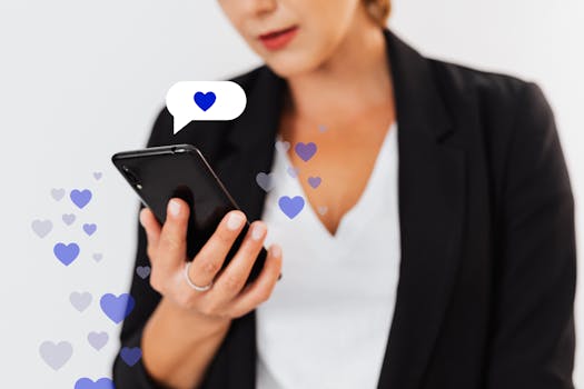 Close-up of a woman holding a smartphone with floating heart icons, illustrating digital engagement.