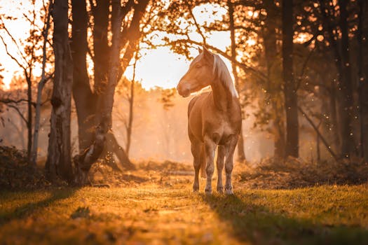 A majestic horse stands in a sunlit forest, surrounded by golden hues and glowing dust particles.