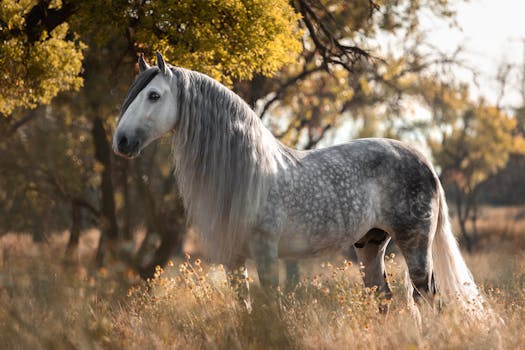 A stunning Andalusian stallion standing in a sunlit grassy field in Spain.