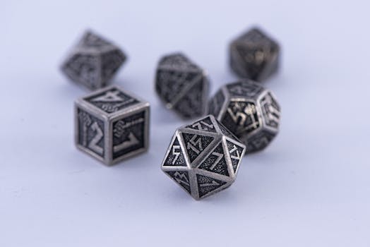Metal polyhedral dice set displayed on a white surface. Perfect for tabletop gaming enthusiasts.