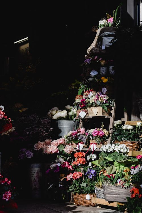Free A vibrant assorted flower display showcased in a Milan shop during daylight. Stock Photo