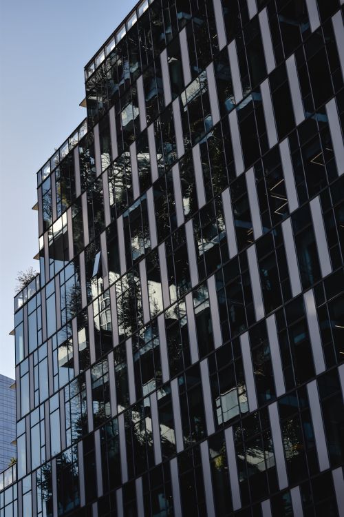 Free Vertical shot of a modern glass building facade in Milan, showcasing reflective windows and architectural design. Stock Photo