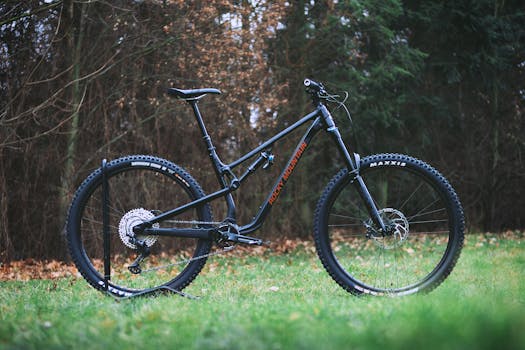 A mountain bike parked on a grassy field during the day in a natural outdoor setting.