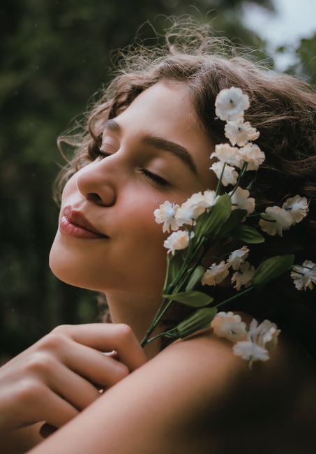 Dreamy young lady with white flower with green leaves in hand touching cheek with closed eyes in nature in summer day