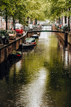 Discover the serene beauty of Amsterdam's canals on a rainy day with docked boats and reflections.