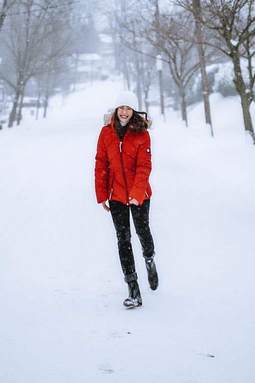 Woman Winter Jacket Walking on Snow Covered Ground