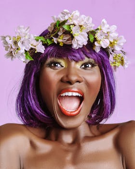 Expressive woman wearing floral wreath with purple hair on violet background.