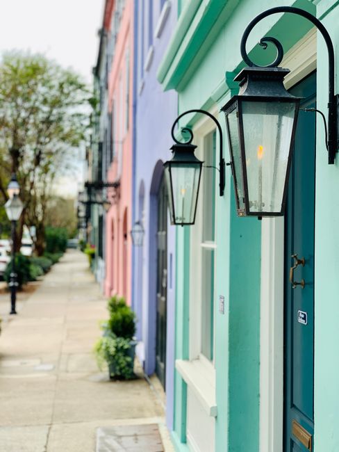 Colorful historic townhouses in a Charleston neighborhood