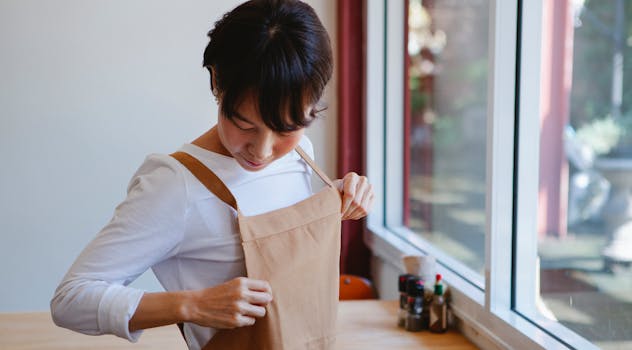 Asian woman adjusting apron indoors near a window, natural light highlights the kitchen setting.