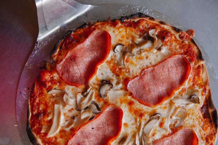 Pizza With Bacon, Mushrooms And Cheese