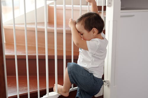 Free Little Boy Trying to Climb Up a Stair Gate Stock Photo