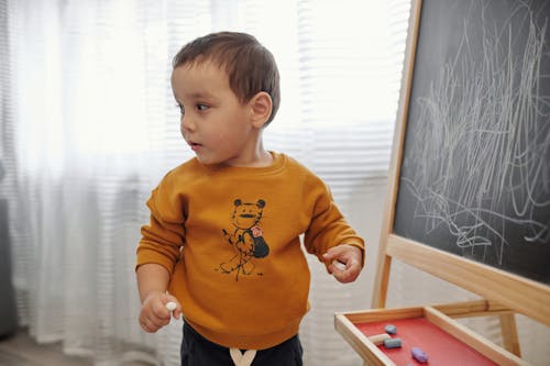 A Boy in Brown Sweater Holding a Chalk 