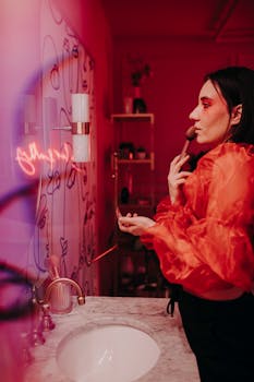 Young woman in a red blouse applying makeup in a chic bathroom with artistic decor.