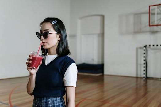 Teenage girl sips juice in school gym, wearing sunglasses and uniform. Cool lifestyle scene.