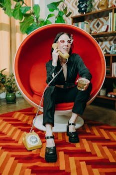 Woman in black outfit on retro chair using a vintage yellow phone indoors.