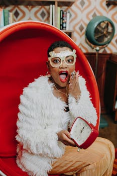 A stylish woman in a festive setting holding a clock celebrating New Year's Eve.