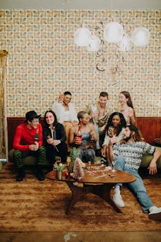 A diverse group of friends celebrating in a stylish vintage room with drinks.