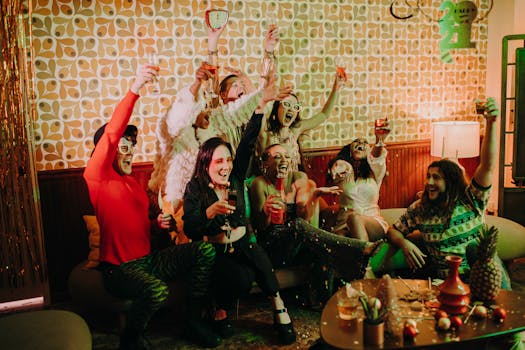 A lively group of friends celebrating with drinks and laughter in a cozy indoor setting.