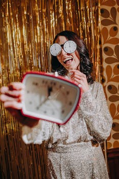 Woman celebrating New Year's Eve with clock glasses and a sparkling outfit.