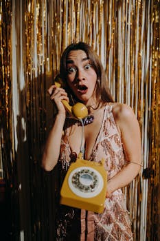 Woman in glamorous dress looking shocked while holding a retro yellow rotary phone indoors.