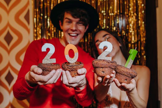 Happy couple celebrating New Year's Eve with cupcakes and 2021 candles.