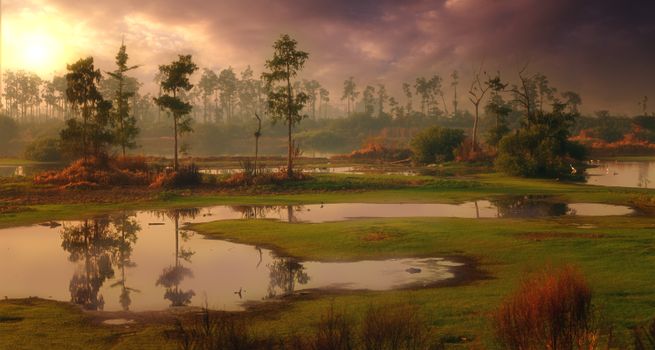 Landscape with Trees and Swamp and Overcast in Sky