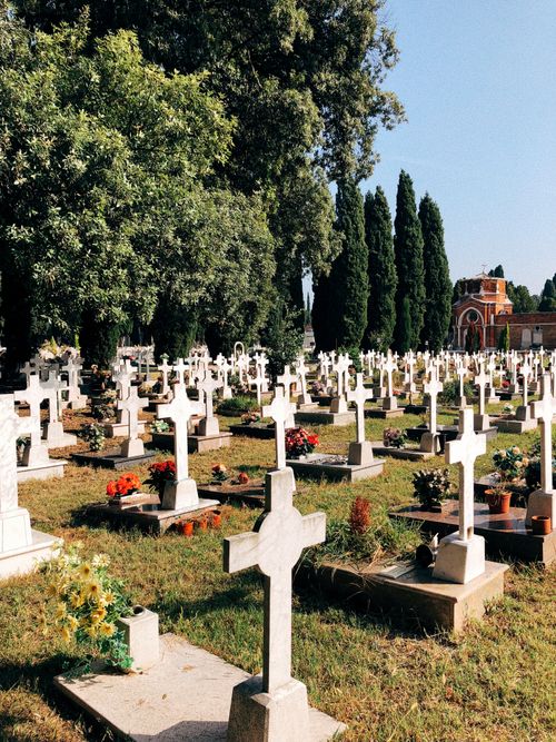 Free A serene cemetery in Venice, Italy, with white crosses and lush greenery under clear skies. Stock Photo