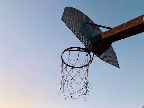 Low-angle view of a worn basketball hoop with a rusted net against a clear blue sky.