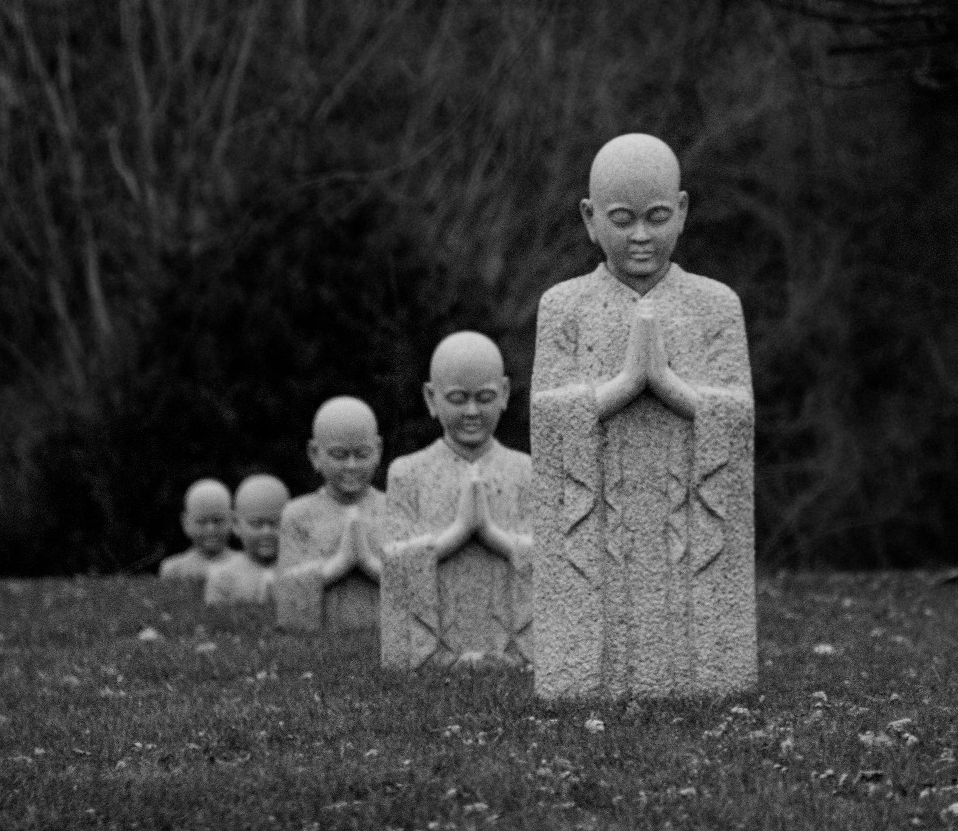 Line of monochrome monk statues in a serene outdoor park setting in Richmond Hill.