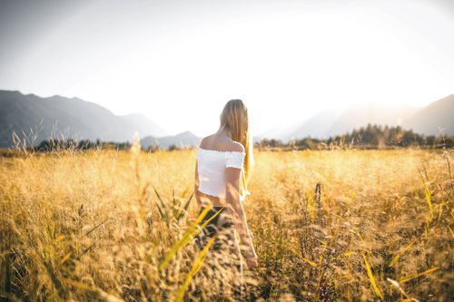 Free A serene scene of a woman walking through a sunlit wheat field with mountains in the backdrop. Stock Photo