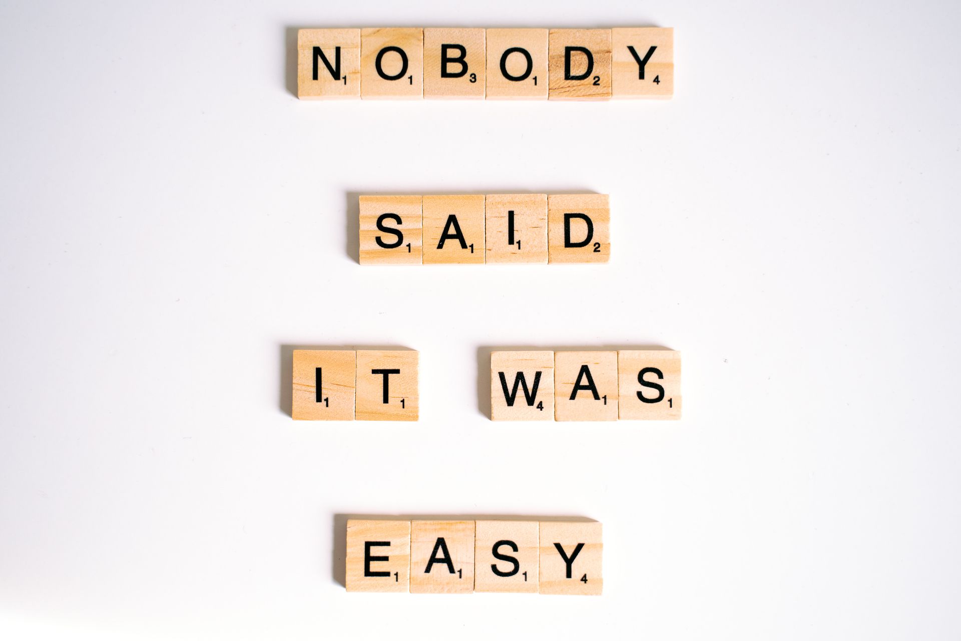 Close-Up Shot of Scrabble Tiles on a White Surface