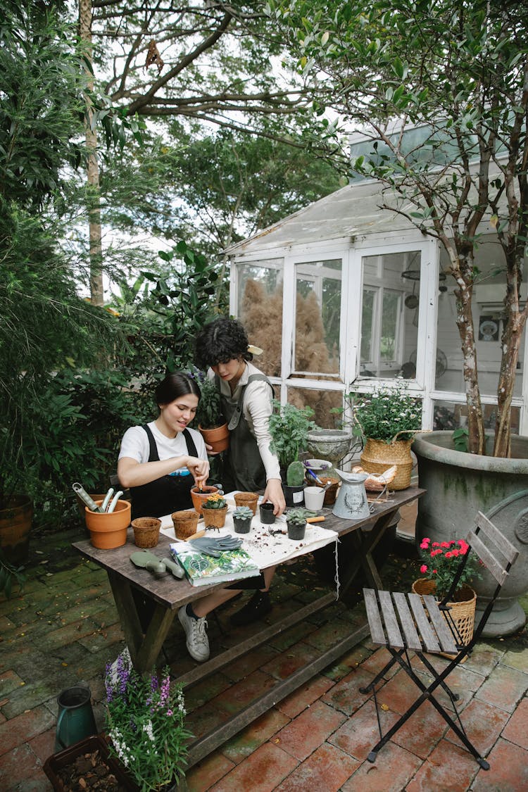 Female Gardeners Working In Floral Garden With Potted Plants