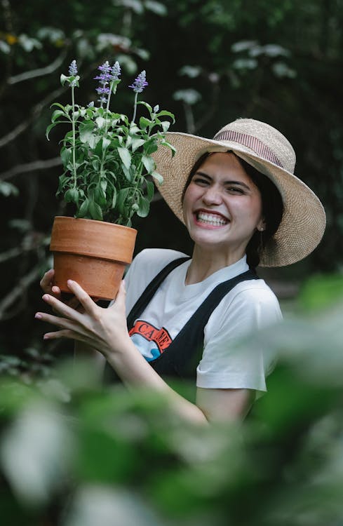 Overjoyed woman carrying pot of sage · Free Stock Photo
