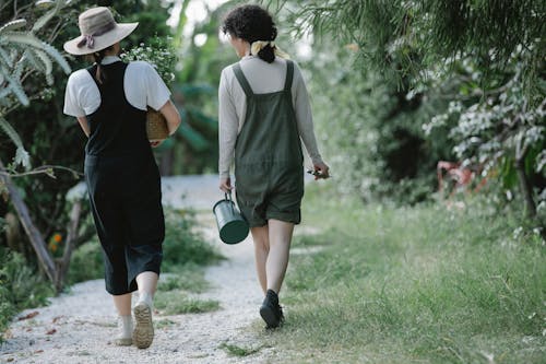 Back view full body of anonymous female colleagues walking among plants in garden