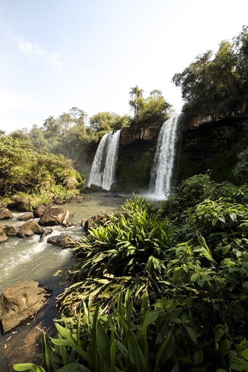 Low angle of picturesque waterfalls flowing from rocky cliff in green tropical rainforest on sunny day