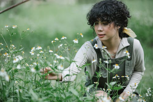Serious ethnic female botanist with curly hair sitting on haunches in lawn and collecting flowers in nature