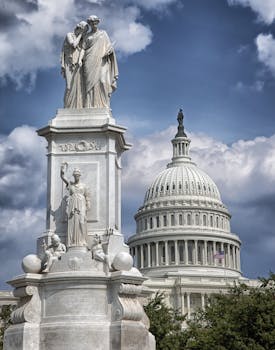 US Capitol building with Peace Monument statue under dramatic clouds. by Pixabay